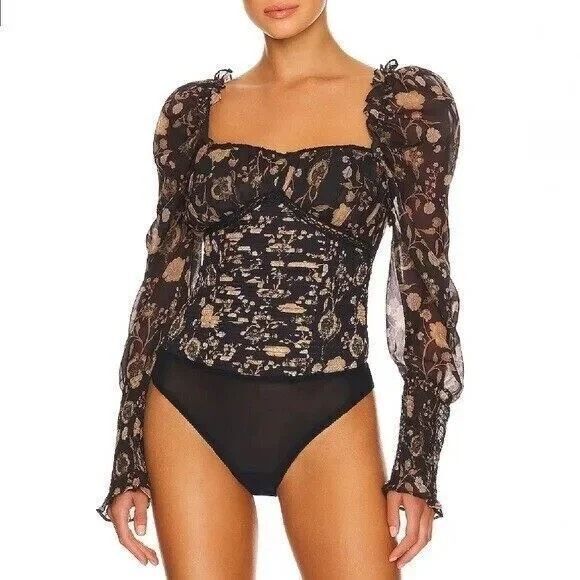 FREE PEOPLE Brunch Date Floral Bodysuit Pleated Sheer Femme Size Small - Picture 1 of 14